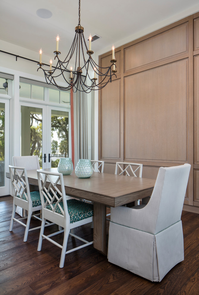 Transitional dark wood floor and brown floor dining room photo in Jacksonville with white walls