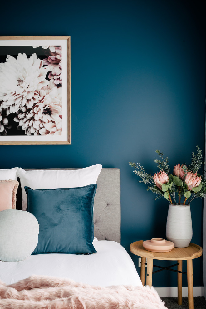 Inspiration for a mid-sized contemporary guest bedroom in Hobart with blue walls, carpet and grey floor.