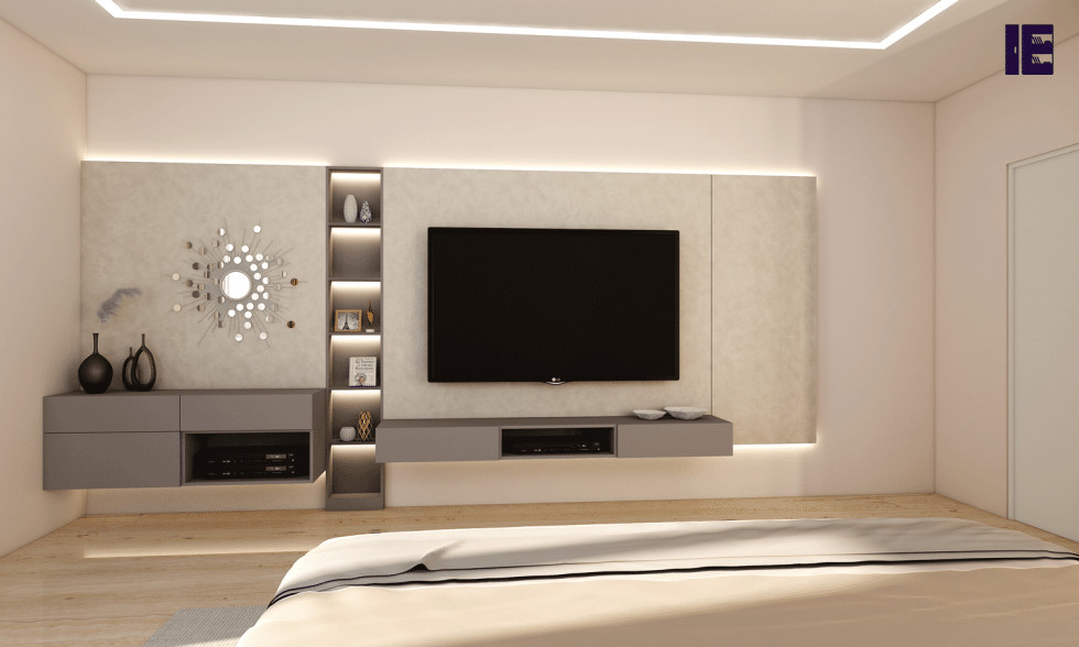 Design ideas for a large modern open concept home theatre in London with grey walls and a wall-mounted tv.
