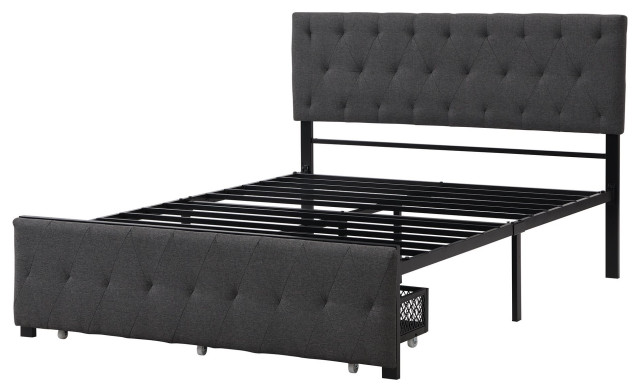 Full Platform Bed & Foot Storage Drawer, Diamond Tufted Gray Upholstery ...