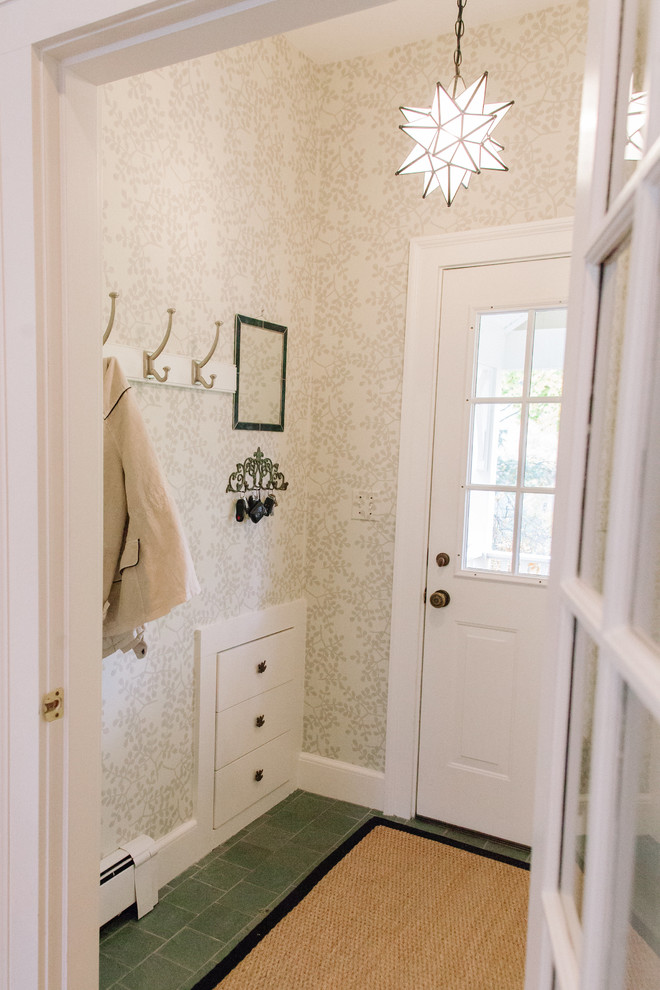 Photo of a small transitional mudroom in Boston with multi-coloured walls, ceramic floors, a single front door and a white front door.