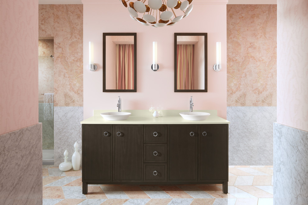 Example of a mid-sized transitional master white tile and marble tile marble floor and multicolored floor alcove shower design in Albuquerque with flat-panel cabinets, dark wood cabinets, pink walls, a vessel sink, solid surface countertops and a hinged shower door