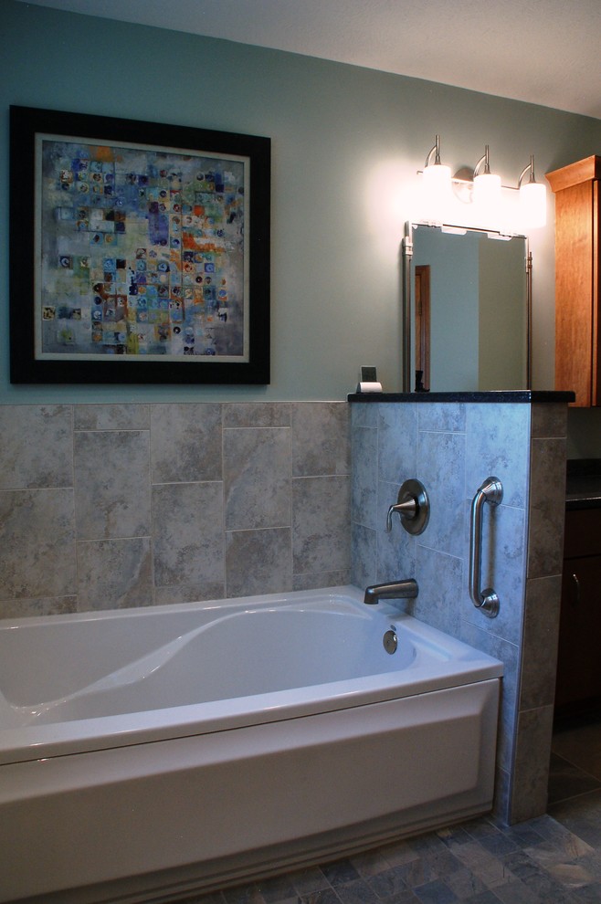 Inspiration for a mid-sized transitional master bathroom in Columbus with an undermount sink, flat-panel cabinets, medium wood cabinets, engineered quartz benchtops, an alcove tub, an open shower, multi-coloured tile, porcelain tile, blue walls and porcelain floors.
