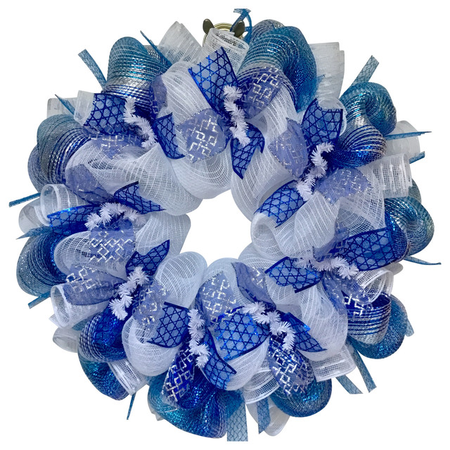 Glittering Silver And Blue Hanukkah Deco Mesh Ribbon Wreath ...