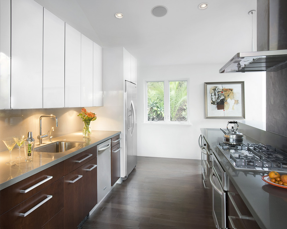 Inspiration for a mid-sized contemporary galley separate kitchen in Santa Barbara with stainless steel appliances, concrete benchtops, a single-bowl sink, grey splashback, dark hardwood floors, no island, flat-panel cabinets and white cabinets.