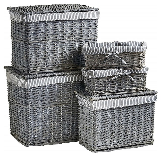 Traditional 5-Piece Set Storage Baskets and Trunks, Wicker With Washable Fabric