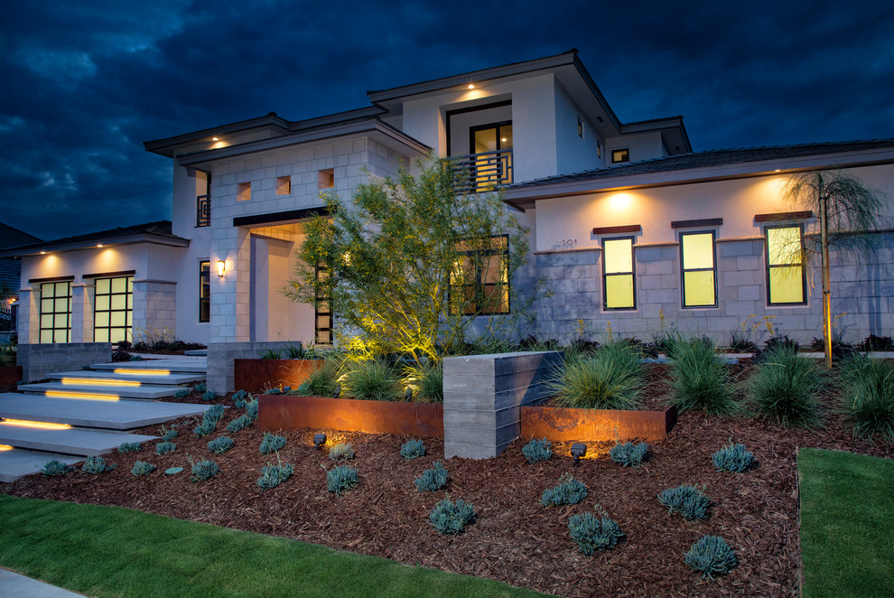 Twilight Front Exterior  | Prairie-Inspired Transitional Custom Home | Grand Is