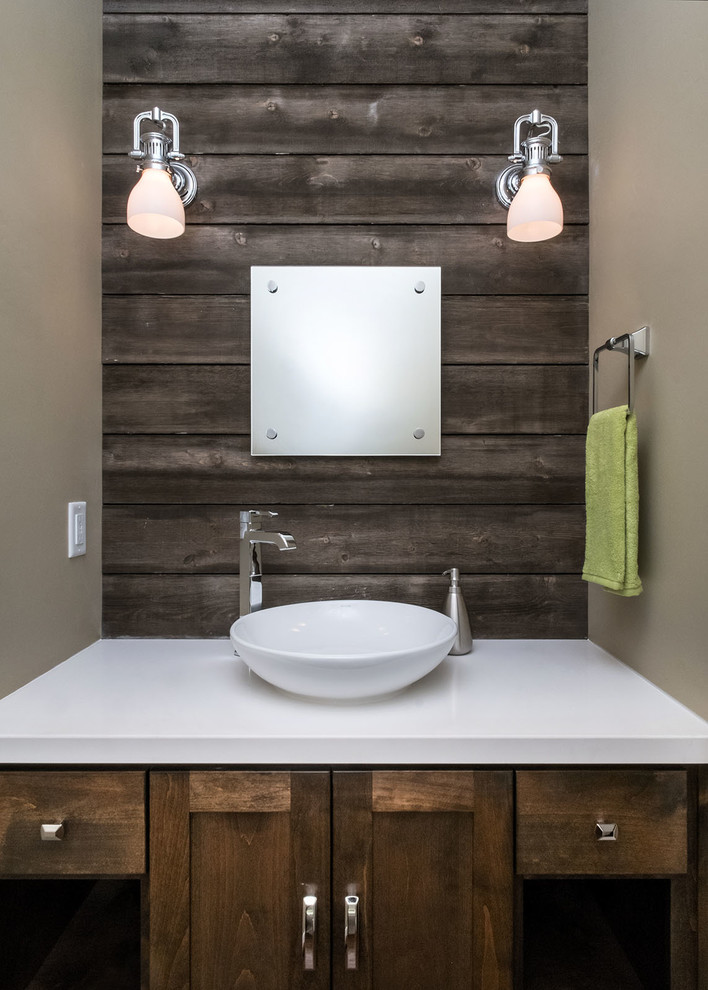 Inspiration for a large contemporary bathroom in Portland with a vessel sink, dark wood cabinets, engineered quartz benchtops, shaker cabinets, a two-piece toilet, beige walls and white benchtops.