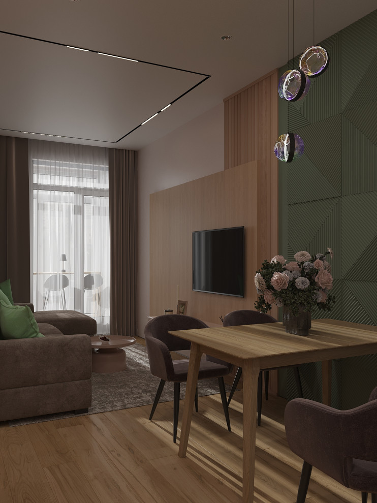 Уютная кухня-гостиная с дневным  сценарием освещения