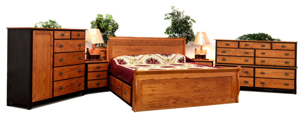 Oak handplaned sleigh bed with oversized dresser and gent's chest