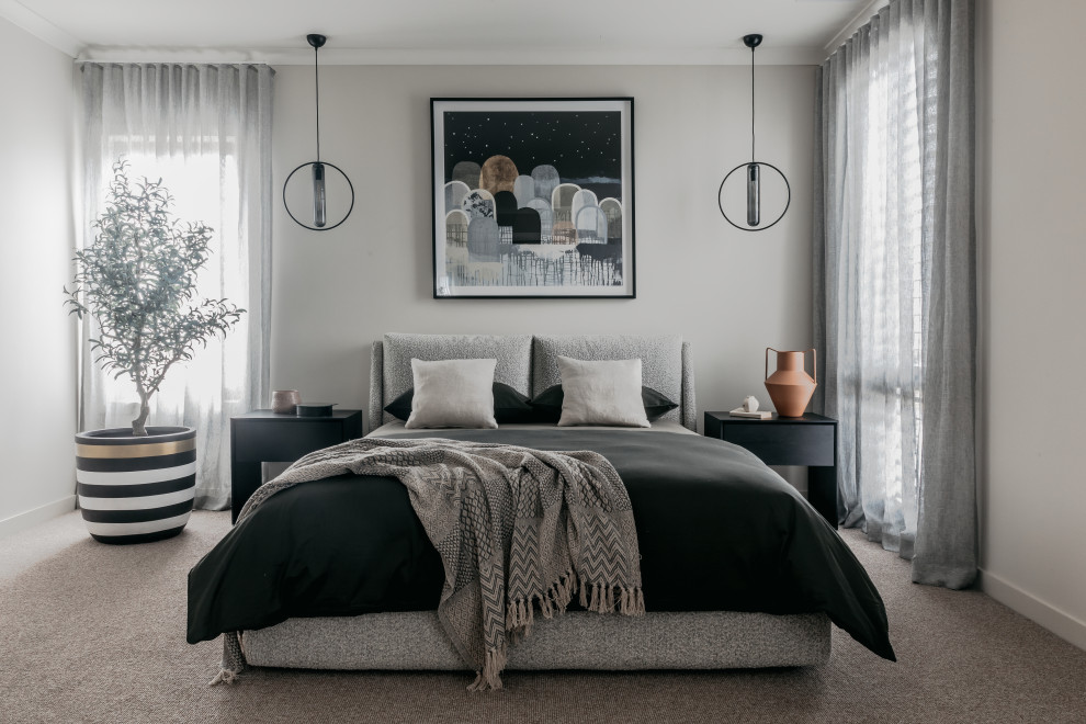 Contemporary master bedroom in Melbourne with grey walls, carpet and grey floor.