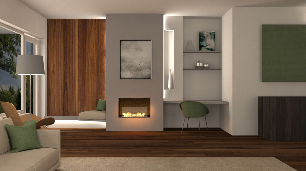 Idéer för ett mellanstort modernt vardagsrum, med mellanmörkt trägolv, en standard öppen spis, en spiselkrans i gips och en väggmonterad TV