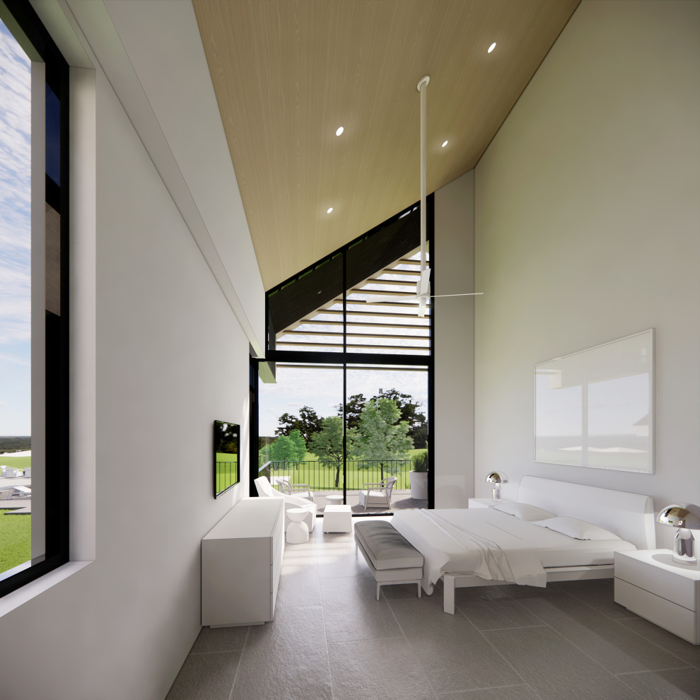 Пример оригинального дизайна: большая хозяйская спальня в белых тонах с отделкой деревом в современном стиле с белыми стенами, полом из известняка, серым полом и сводчатым потолком