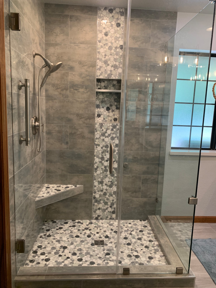NEW SPACIOUS SHOWER CAPTURED BY FORMER TUB AREA Transitional