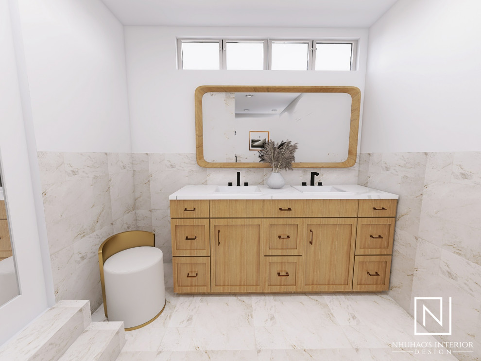 Retro inredning av ett stort vit vitt en-suite badrum, med släta luckor, skåp i ljust trä, en dusch i en alkov, en bidé, beige kakel, marmorkakel, grå väggar, marmorgolv, ett undermonterad handfat, bänkskiva i kvartsit, beiget golv och dusch med gångjärnsdörr