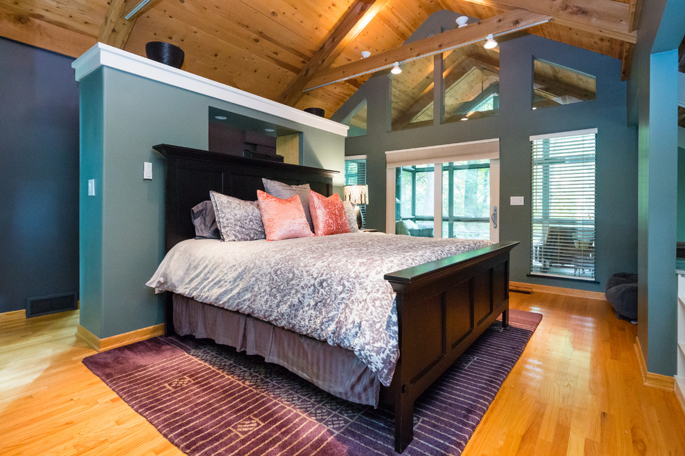 Inspiration for a mid-sized contemporary loft-style bedroom in Columbus with blue walls and medium hardwood floors.