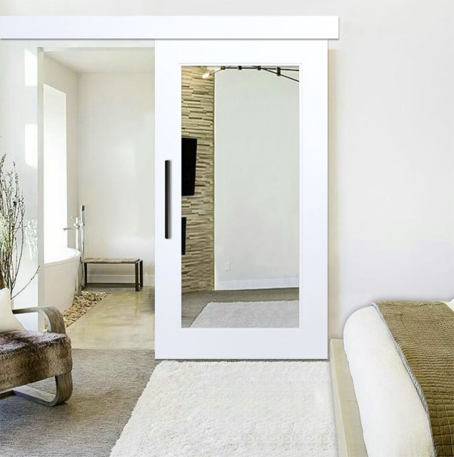 Mirrored Sliding Barn Door With Mirror Insert Hardware Kit Fascia Contemporary Interior Doors By Glass Us Houzz Mirrored Sliding Barn Door With Mirror, Sliding Barn Door For Bedroom
