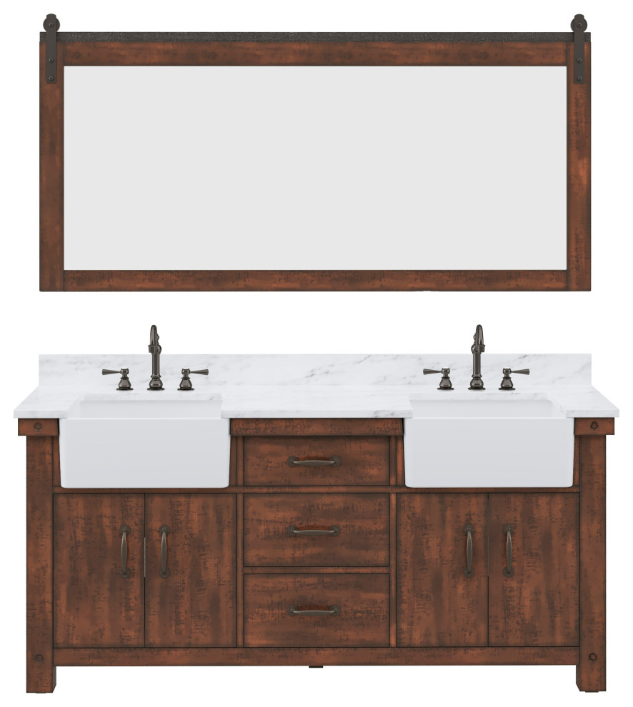 Paisley 72" Double Vanity, Rustic Sierra, Vanity With Faucet & Large Barn Mirror