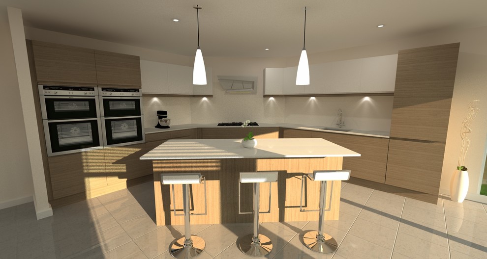 Design ideas for a large contemporary single-wall open plan kitchen in Dorset with a drop-in sink, flat-panel cabinets, medium wood cabinets, quartzite benchtops, green splashback, glass sheet splashback, stainless steel appliances, ceramic floors and with island.