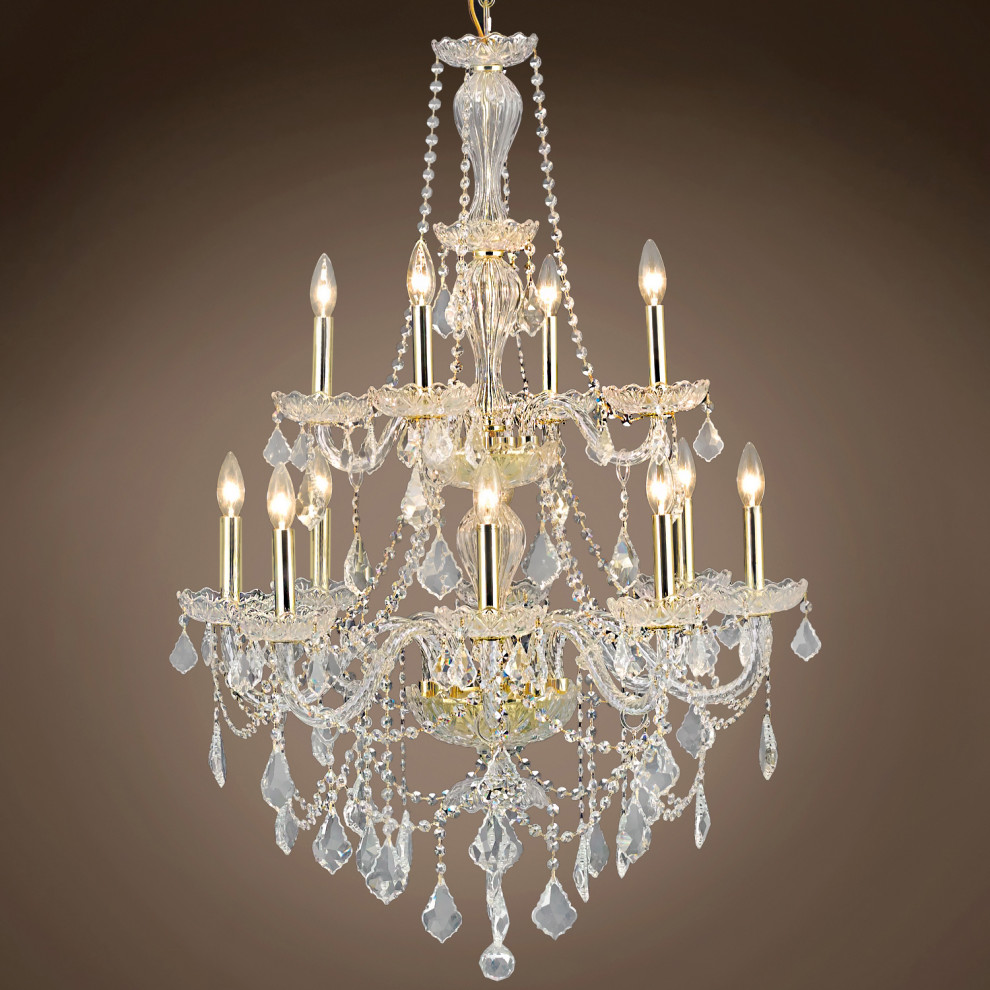 Victorian Design 12 Light 28" Gold Chandelier With Clear European Crystals