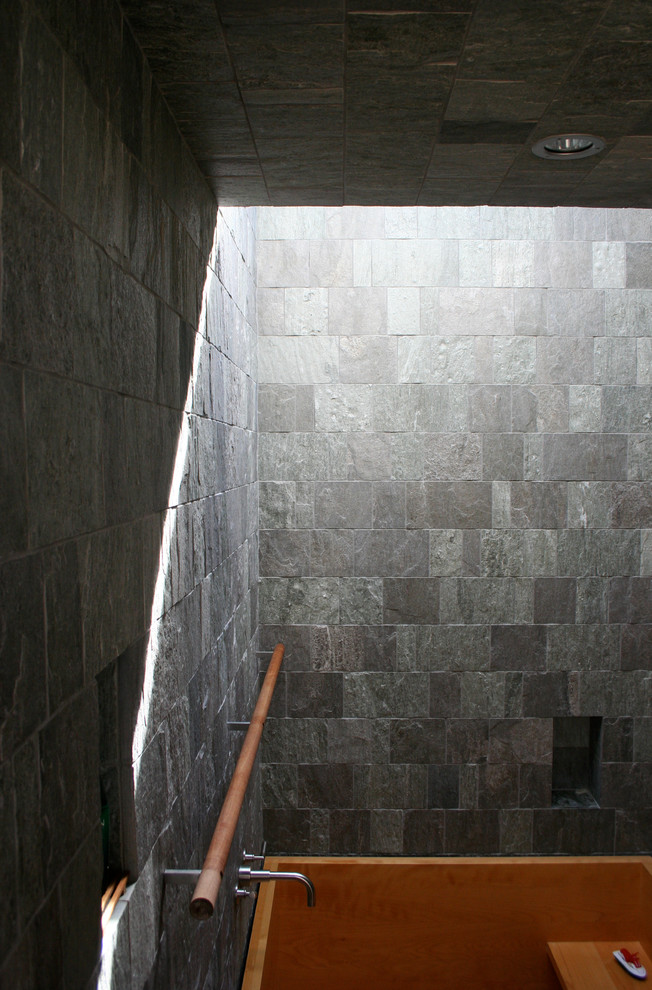 Japanese bathtub - mid-sized transitional gray tile and stone tile japanese bathtub idea in San Francisco