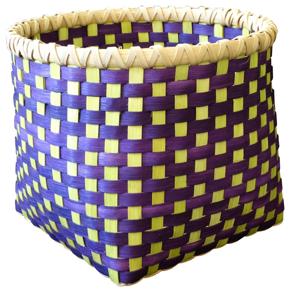 Large Hand Woven Basket, Purple and Chartueuse
