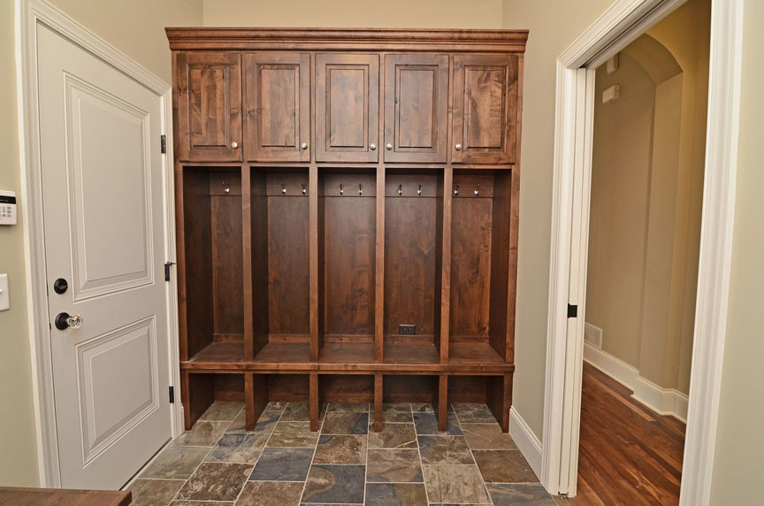 Photo of a mid-sized country mudroom in Atlanta with beige walls, slate floors, a single front door, a white front door and multi-coloured floor.