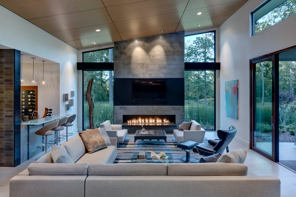 Inspiration for a contemporary living room in Dallas with limestone floors.