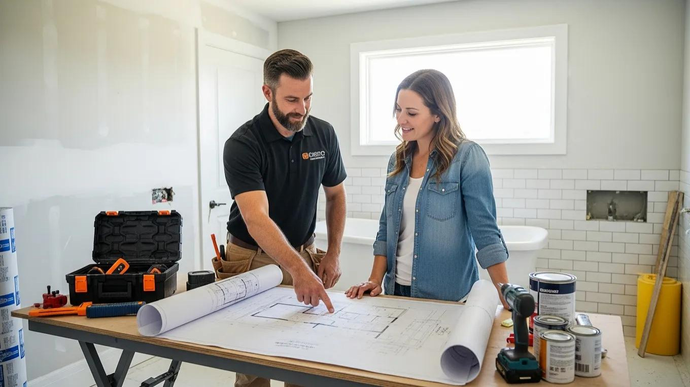 Contractor consulting with homeowner about bathroom renovation plans in a well-lit setting