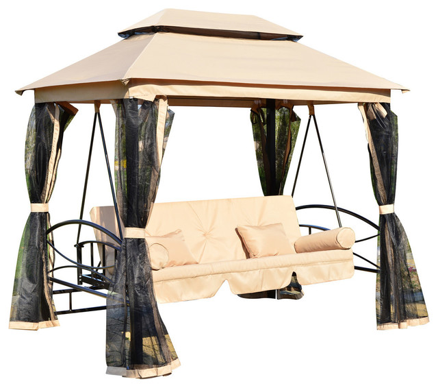 Outdoor 3 Person Patio Daybed Canopy Gazebo Swing Tan With Mesh Outdoor 3 Person Patio Daybed Canopy Gazebo Swing Tan With Mesh Walls Contemporary Canopies Tents By Aosom
