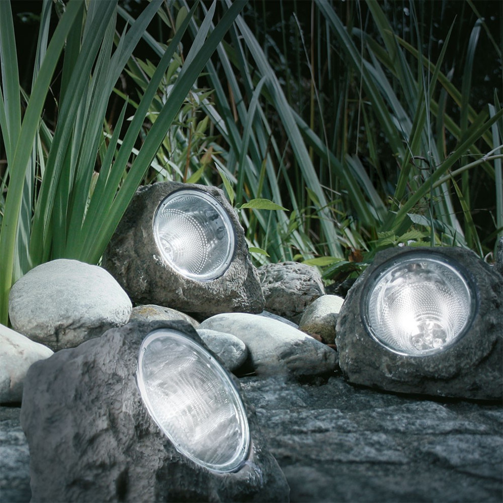 3erSet LED Garten Solarsteine Grau Contemporary Landscape Other