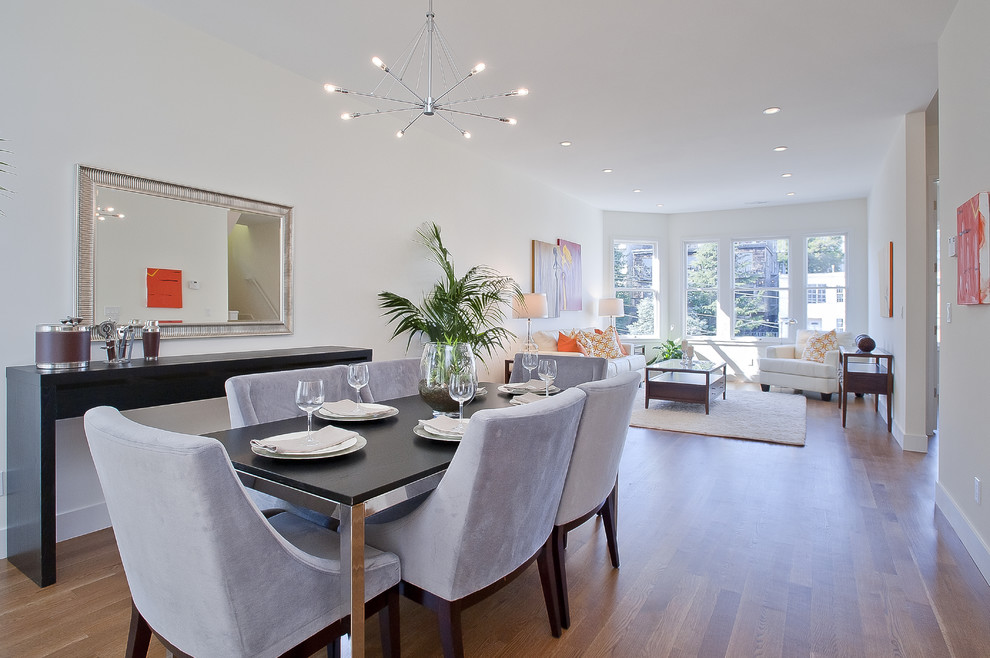 Transitional dining room in San Francisco with white walls and dark hardwood floors.