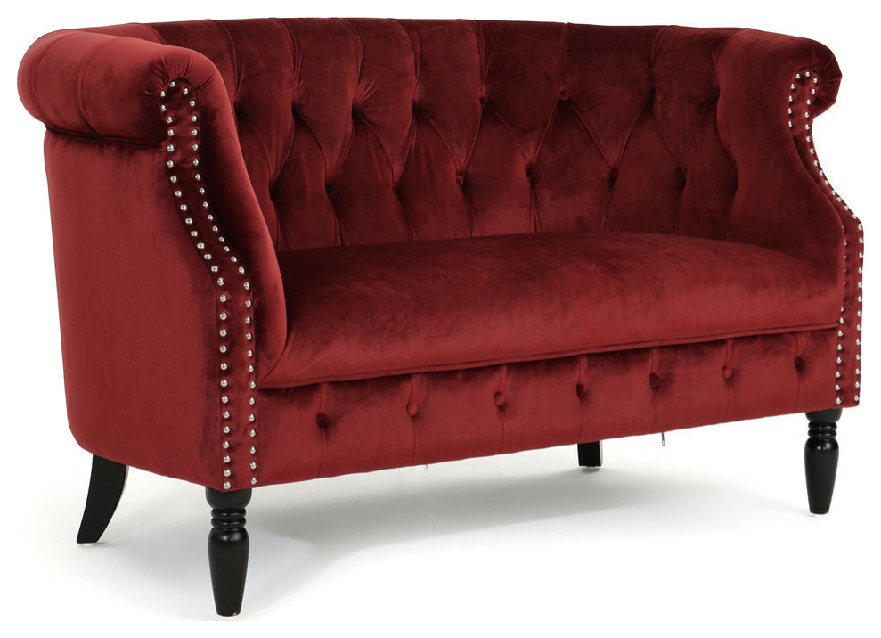 Melaina Tufted Chesterfield Velvet Loveseat With Scrolled Arms