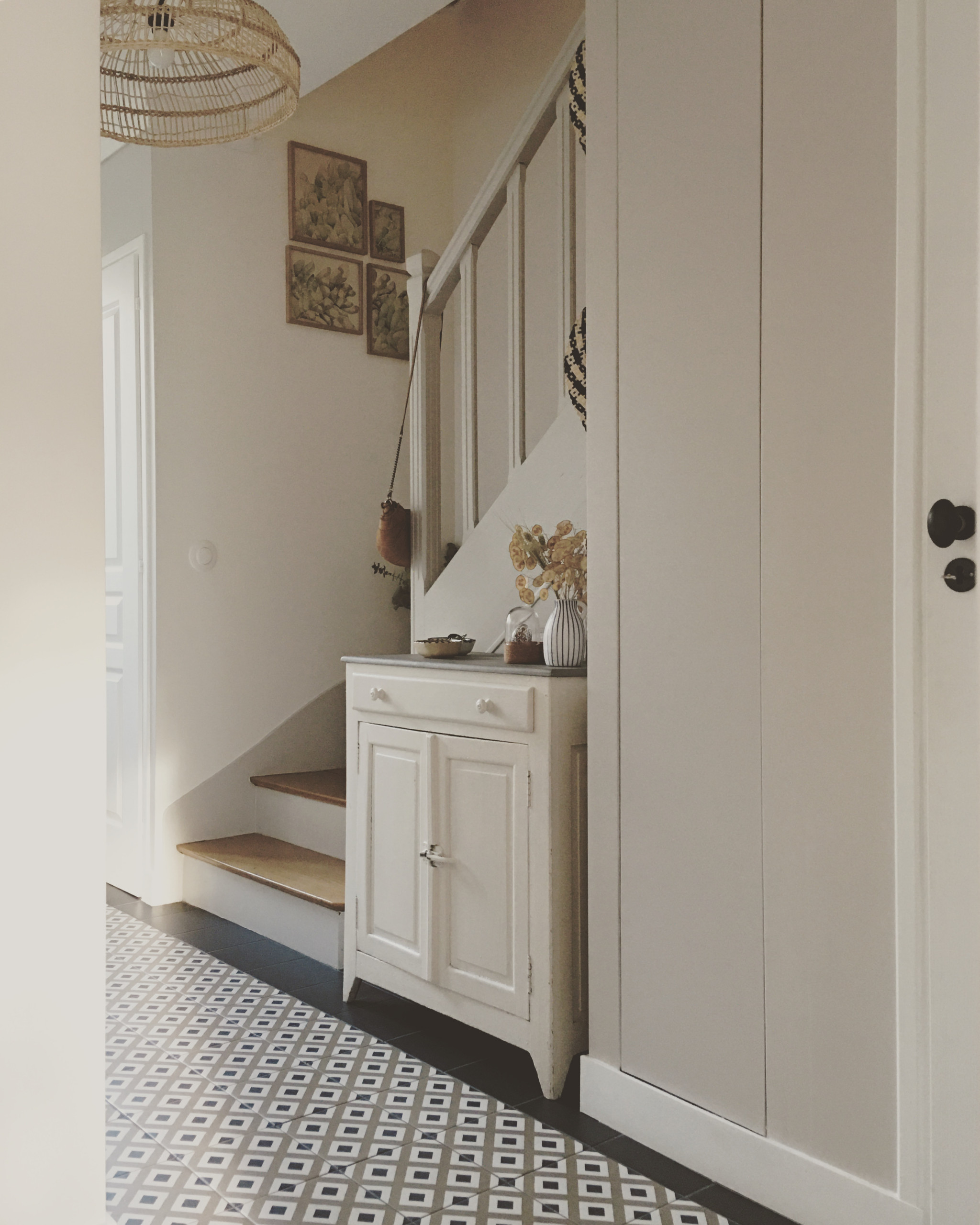 ミッドセンチュリースタイルのおしゃれな玄関 (マルチカラーの床) の