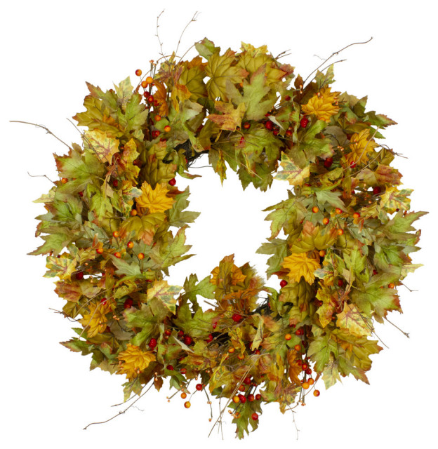 Fall Harvest Leaves and Berries Artificial Twig Wreath, 30", Unlit ...