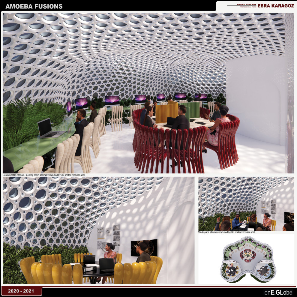 Trendy built-in desk study room photo in New York with white walls