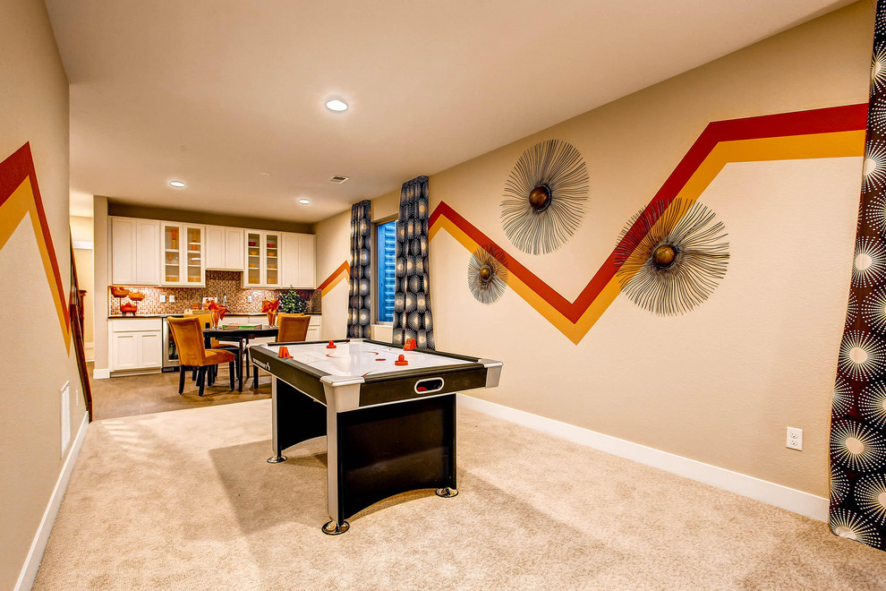 Inspiration for a traditional family room in Denver with beige walls, carpet, no fireplace, beige floor and a game room.