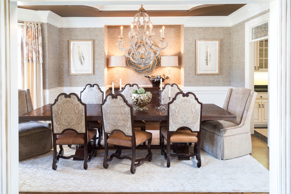 Inspiration for a large traditional separate dining room in Atlanta with beige walls, light hardwood floors, no fireplace and beige floor.
