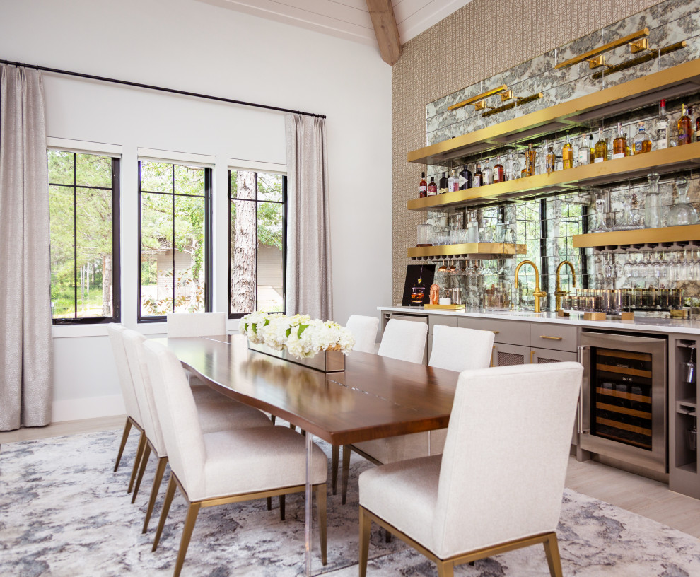 Photo of a mid-sized transitional open plan dining with wallpaper, beige floor, timber, white walls and porcelain floors.