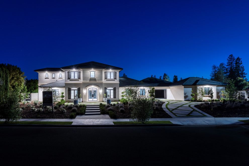 Night Front Elevation | French Country Transitional Estate