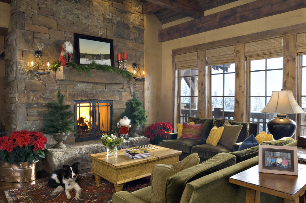 Design ideas for a country living room in Other with beige walls and a standard fireplace.