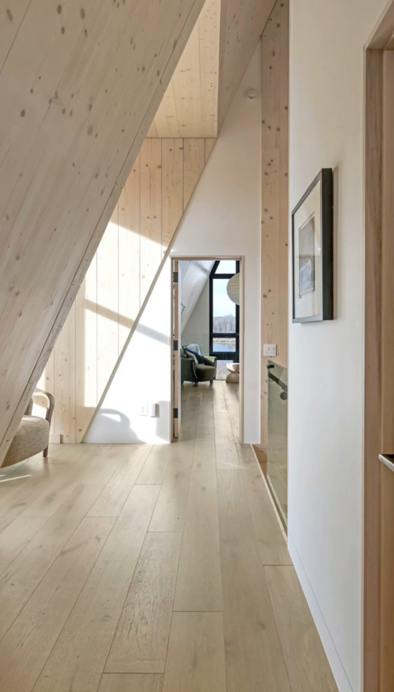 Hallway - mid-sized scandinavian painted wood floor, beige floor, wood ceiling and wood wall hallway idea in Jackson with beige walls