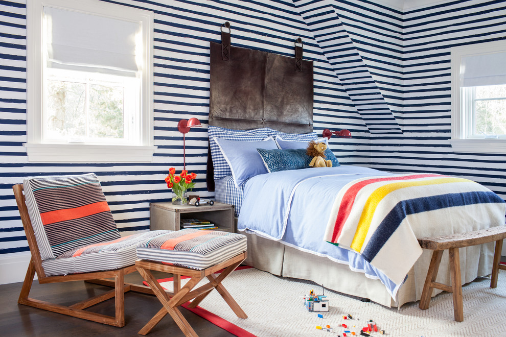 Design ideas for an expansive transitional kids' bedroom for kids 4-10 years old and boys in New York with dark hardwood floors and multi-coloured walls.