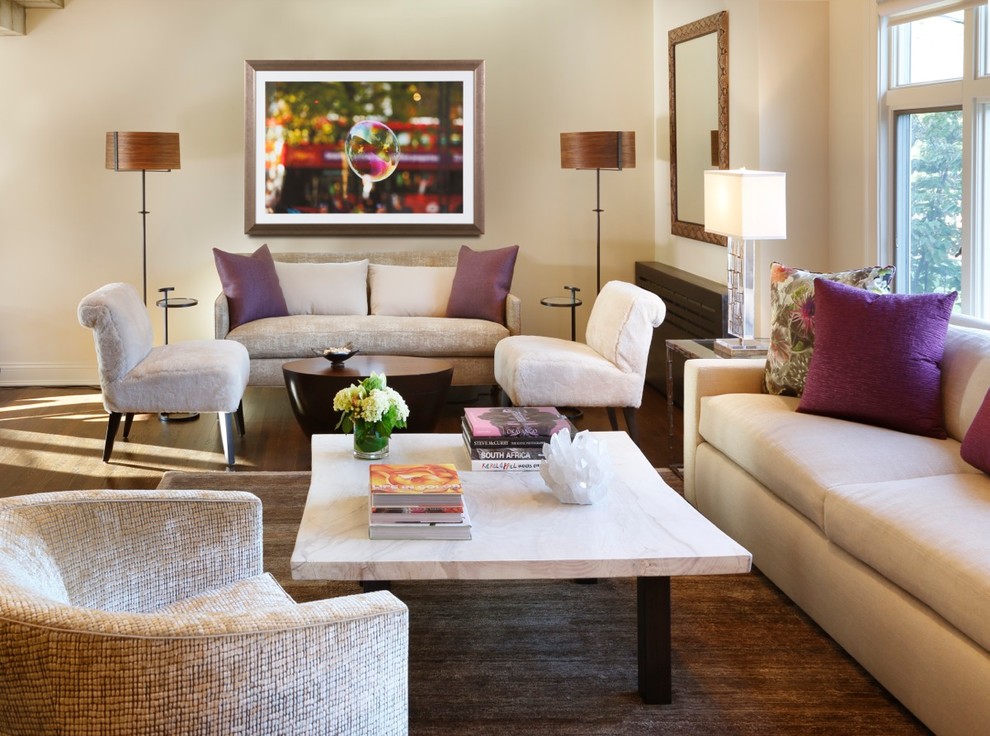 Inspiration for a transitional living room in New York with beige walls.