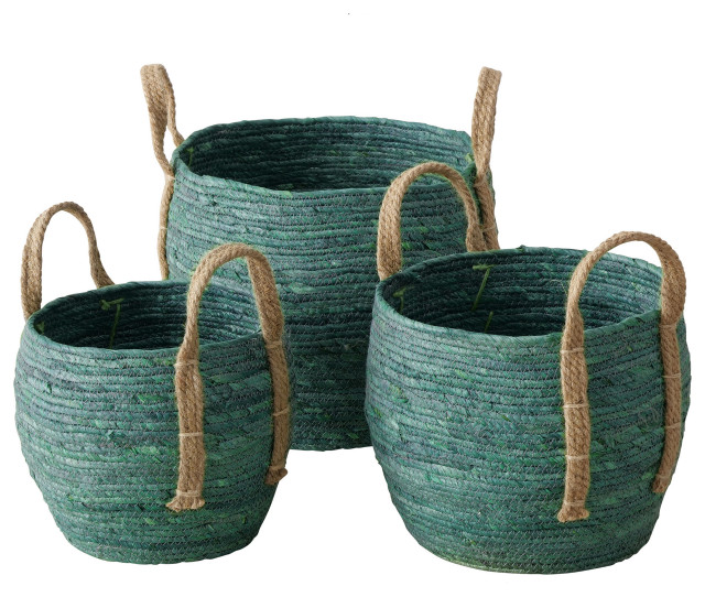 3 Piece Teal Green Wicker Baskets Set