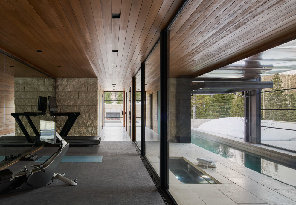 Imagen de piscinas y jacuzzis alargados modernos extra grandes interiores y rectangulares con adoquines de piedra natural