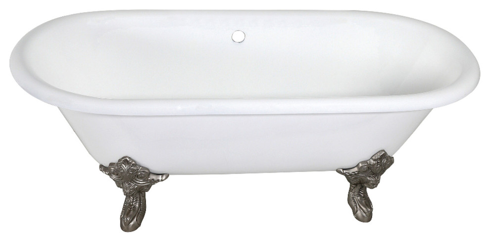 72" Double Ended Clawfoot Tub No Faucet Drillings, White/Brushed Nickel