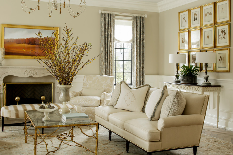 This is an example of a traditional formal living room in New York with beige walls and a standard fireplace.
