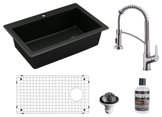 Karran All in One Drop-In Quartz 33" Single Bowl Sink, Black With Faucet