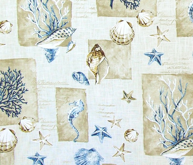 Blue Coral Seahorse Fabric Sea Shells French Writing Coastal Decor